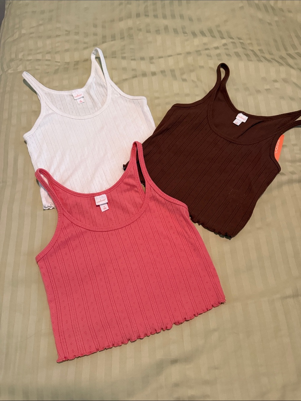 Colsie 3-Pack Ribbed Crop Tanks - White, Pink, Brown